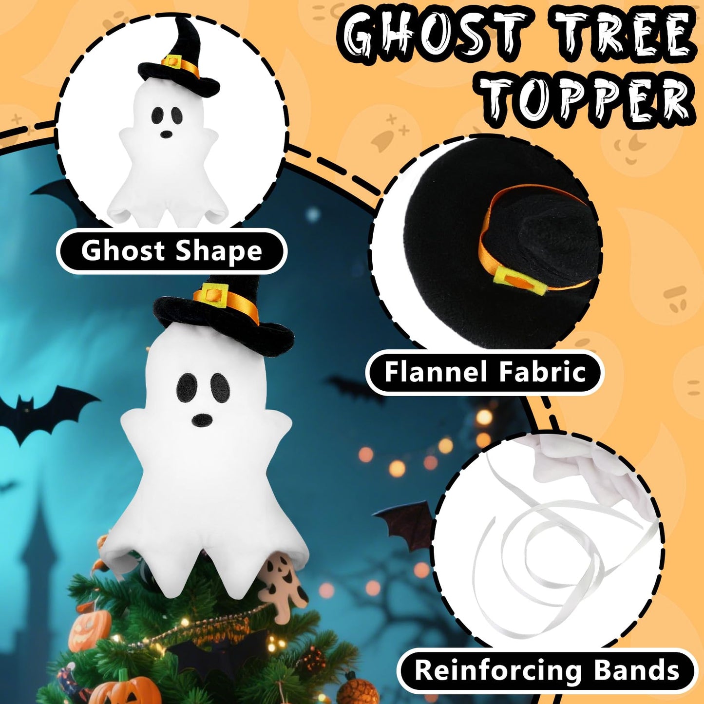 Halloween Christmas Tree Topper,Fall Ghost Elf Tree Topper,Cute with Black Hat Plush Stuffed White Ghost Tree Top Decor for Halloween Party Home Indoor/Outdoor Tree Topper Decoration