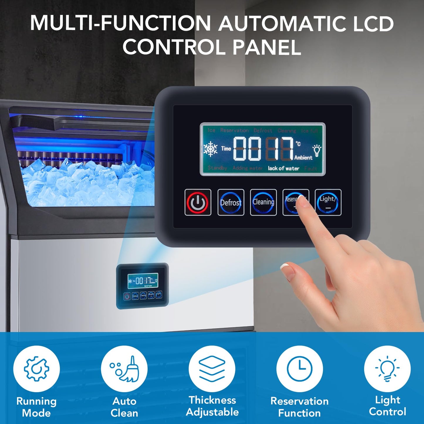 Commercial Ice Maker Machine, 265 LB/24 h, Freestanding Under Counter Stainless Steel Ice Machine with 55 LB Storage Bin, Thickness Adjustable & Self Cleaning for Bar Hotel