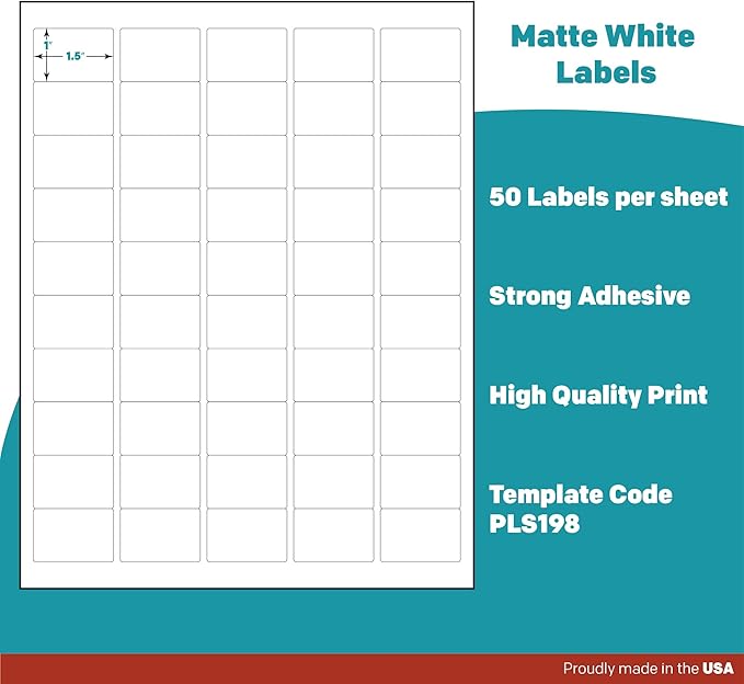 Premium Label Supply White Sticker Barcode Labels – 1.5" x 1" – Laser/Inkjet Compatible – (50 per Sheet), 100 Sheets – 5000 Total Adhesive Labels