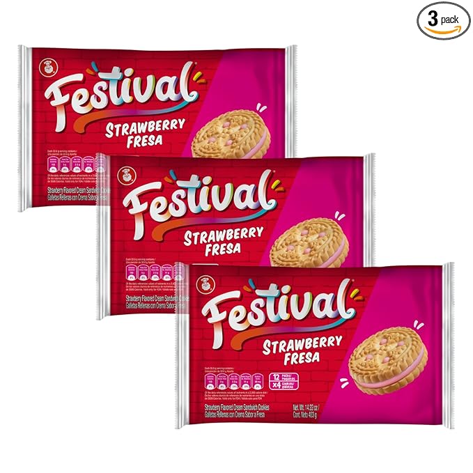 Festival Strawberry Cookies | Cream Strawberry Sandwich Cookies | Natural Dyes & Low Sodium | High Cream Content | 14.6 Oz...