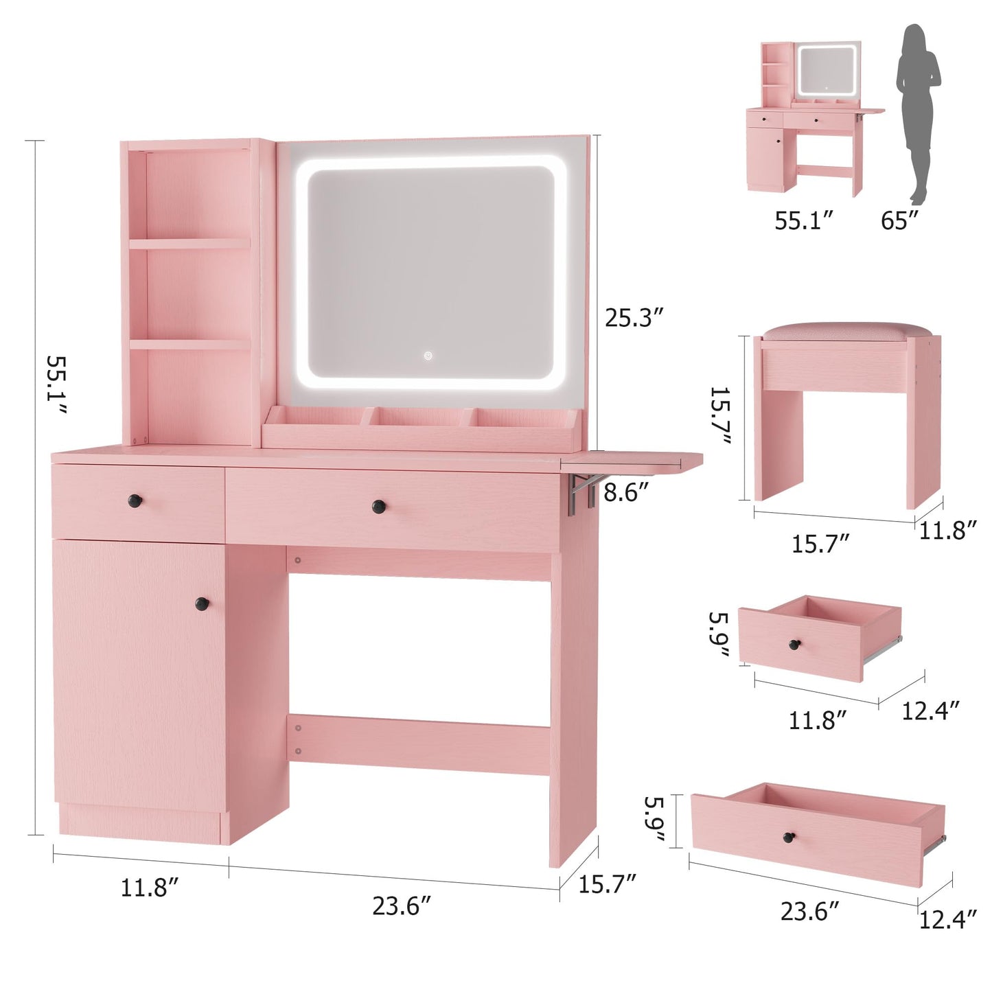 Garvee Vanity Desk with Mirror & Light, Makeup Vanity Table with Charging Station, Large Storage Cabinet & 2 Drawers & 3 Open Shelves, 3 Lighting Modes Adjustable Brightness, Bedroom Dressing, Pink