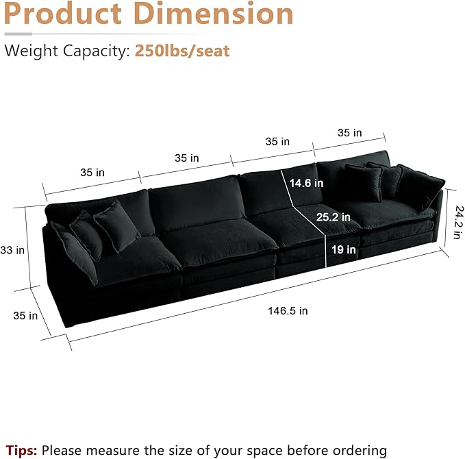 mikibama Luxury Modular Sectional Sofa, 146.5" Modern Chenille Comfy Cloud Couches for Living Room Office, 4 Seater Deep Sofa with 2 Armrest Pillows and 4 Toss Pillows, Black