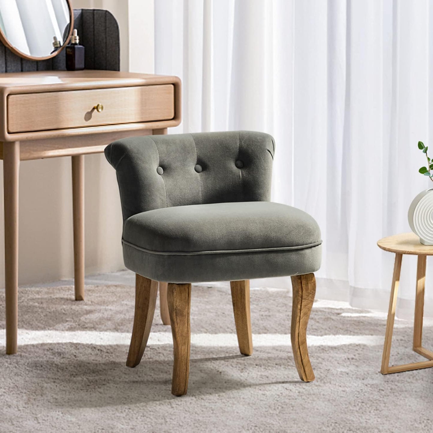 HULALA HOME Velvet Vanity Stool with Low Back, Modern Vanity Chair with Solid Wood Legs, Small Upholstered Makeup Chair Home Decor for Bedroom Living Room Dressing Table, Women Girls, Grey