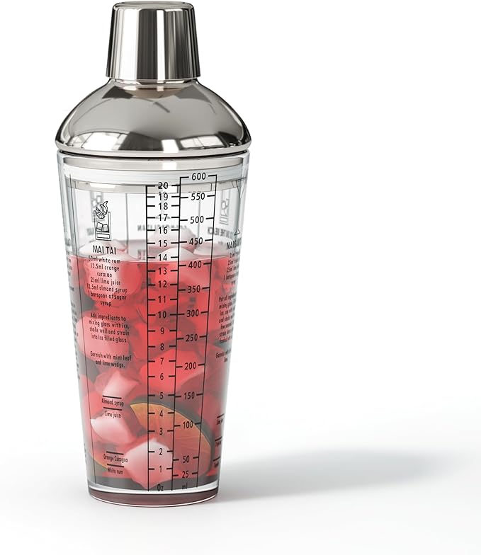 EffiQ-Rate Glass Cocktail Shaker, with Recipes and Measurements 20oz, Built-in Strainer and Leakproof Seal, Clear Bar Tool...