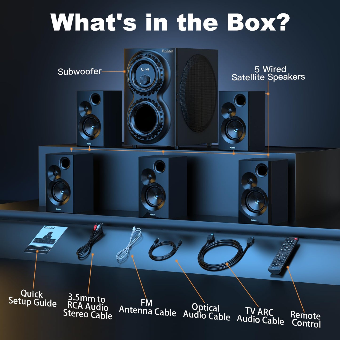 Bobtot Surround Sound Systems 1400 Watts Peak Power Home Theater Speakers - 12" Subwoofer Strong Bass 5.1 Wired Loud Stereo Audio System with ARC Optical Bluetooth Input for TV