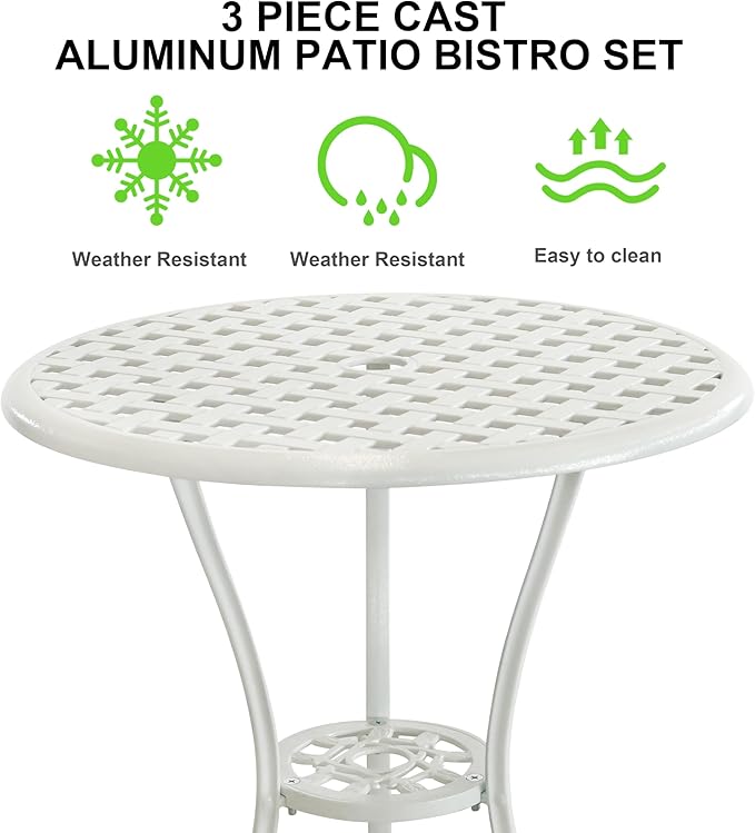 PATIO-IN White Bistro Table and Chairs Set of 2, Cast Aluminum White Bistro Set Outdoor, Patio Bistro Sets with Umbrella Hole, Round Back Yard Set for Porch Balcony Garden