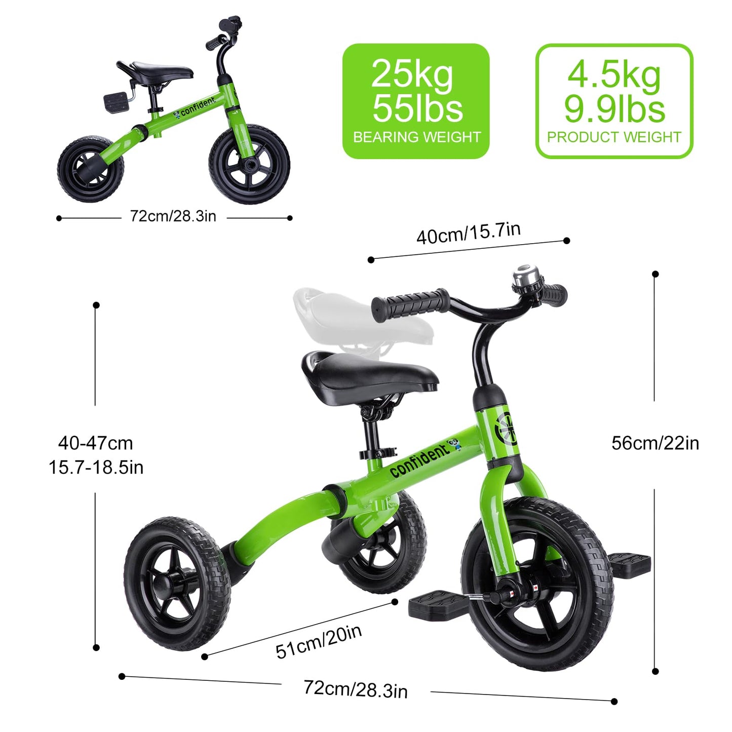 Ancaixin 3 in 1 Toddler Tricycles for 2-5 Years Old Boys and Girls with Adjustable Seat Detachable Pedal and Bell, Foldable Baby Balance Bike Riding Toys for Kids, Child Birthday Gift Green