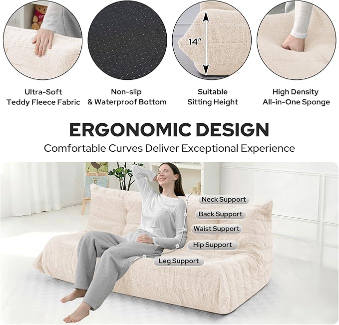 HABUTWAY Bean Bag Chairs Fireside Lazy Floor Sofa, Soft Teddy Fleece 3 Seater Sofa with High-Resilience Foam Filling，Beanbag for Living Room, Bedroom, Office (Beige Teddy)