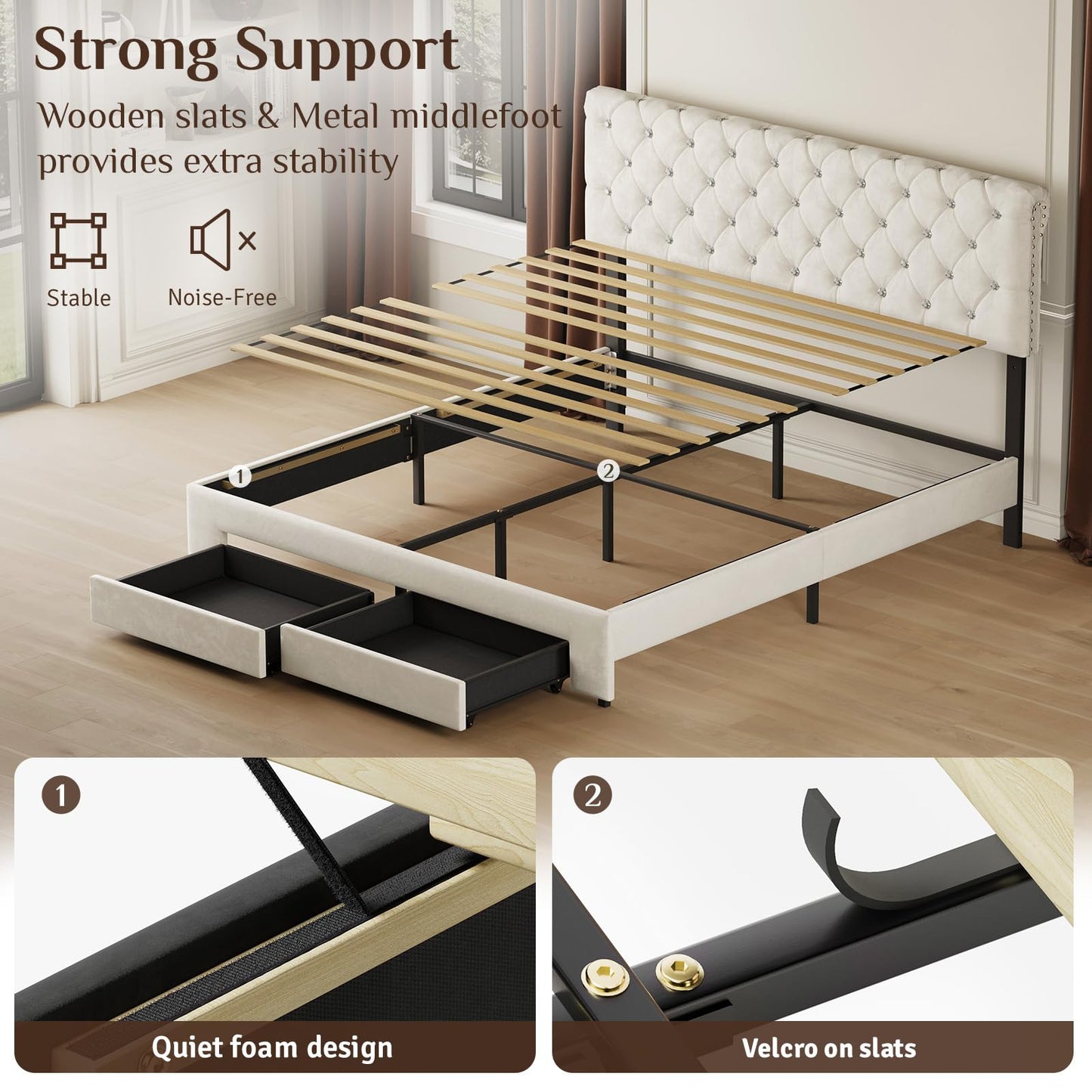 Belffin Full Size Bed Frame with 2 Storage Drawers, Upholstered Bed Frame with Adjustable Diamond Headboard, Velvet Modern Platform Bed Frame, No Box Spring Needed, Easy to Assemble, Beige