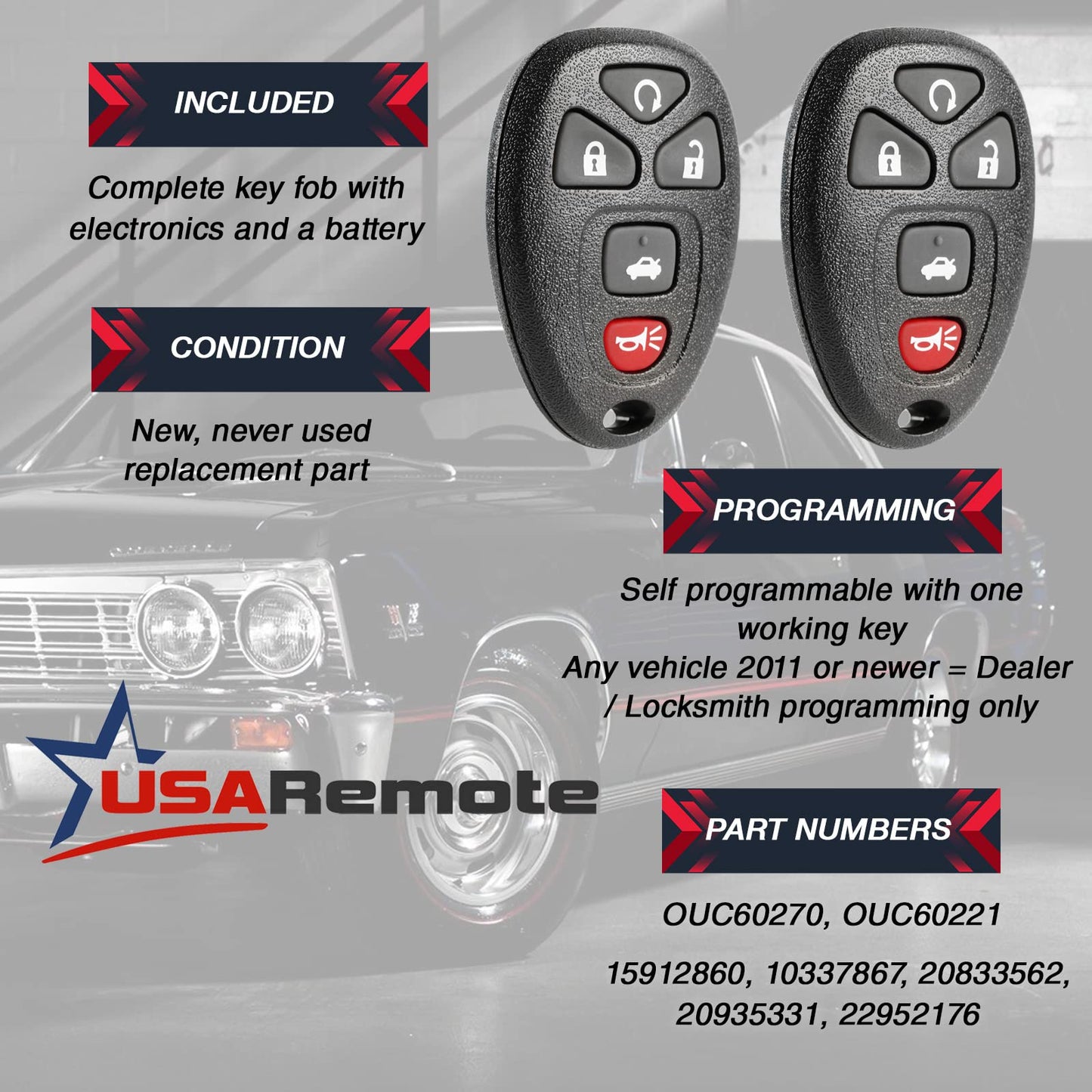 Key Fob Keyless Entry Remote With Ignition Key Fits Cadillac Dts / Chevy Impala Monte Carlo 2006-2013 (Ouc60270, Ouc60221), Set