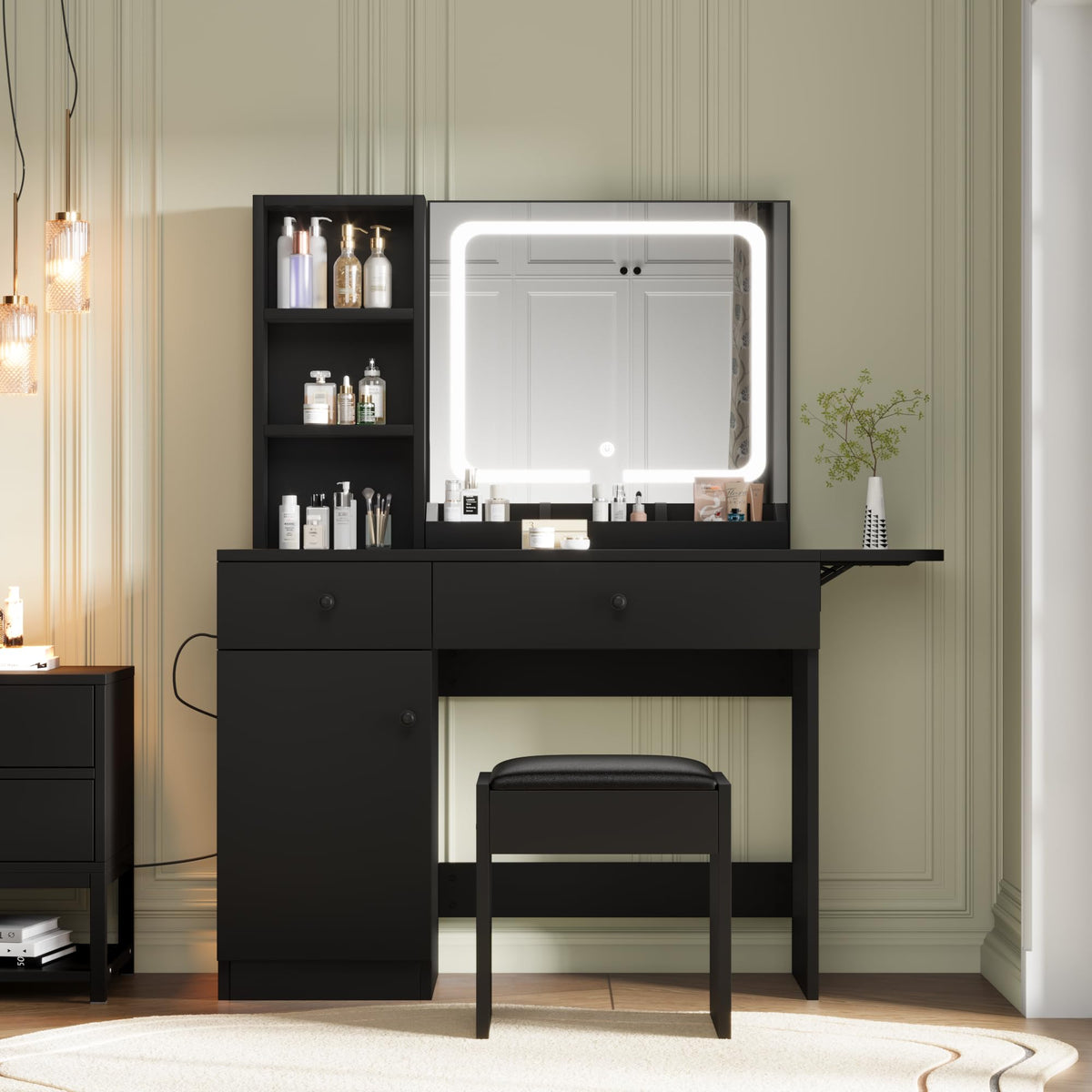 GarveeHome Makeup Vanity Desk with Mirror and Lights, Vanity Table Set with Drawer & Power Outlet ＆ Chair & 3 Shelves, Bedroom, Black