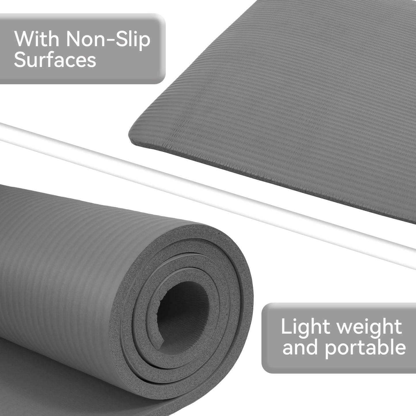 Fitvids 1/2-Inch Thick High Density Foam Exercise Yoga Mat with Carrying Strap, For Cushioning The Body Against Hard Floors, Gray