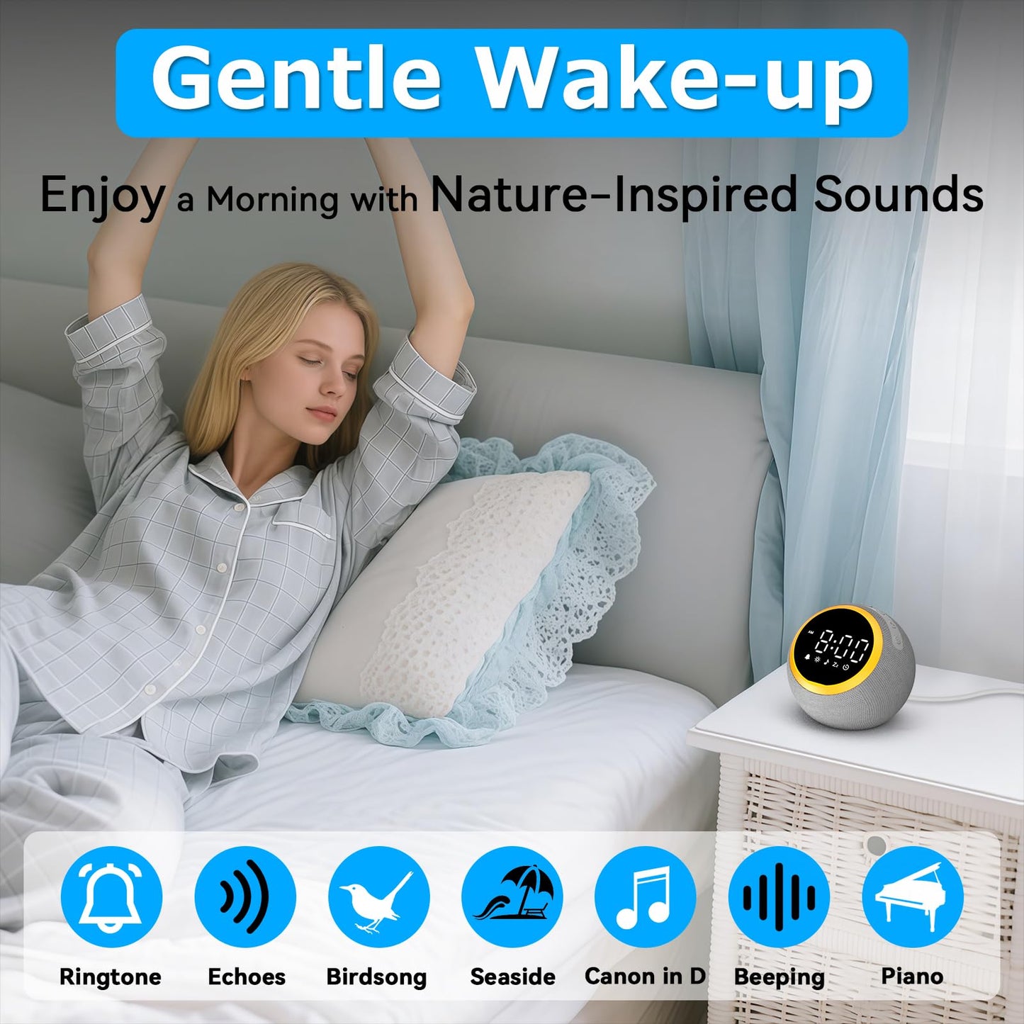 Sound Machine Alarm Clock for Sleep: Digital Alarm Clocks for Bedrooms, 25 Soothing Sounds, 7 Gentle Wake-up Sounds, 16 Adjustable Volume & Timer, Memory Function (Gray)