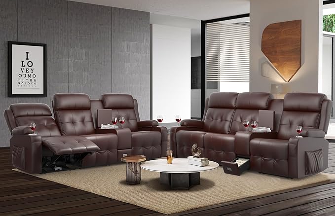 Recliner Sofa, 3 Sets of Massage Reclining 3 Seater Sofa Sets Heavy Weight Capacity, RV Loveseat Couch Clearance with Console, USB, Type C Port, Storage, Cup Holders, Wall Hugger Chair for Living Room