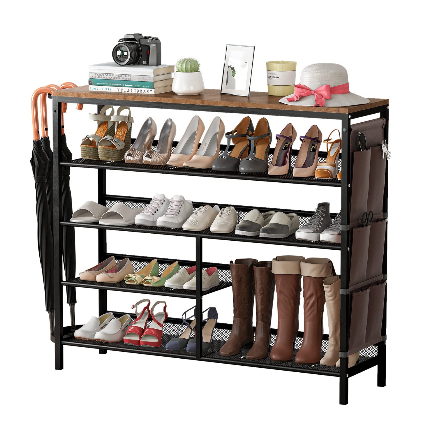 Bonzy Home 5-Tier Shoe Rack for Entryway, Shoe Shelves for 21 Pairs, Flat & Slant Adjustable Shoe Storage Organizer for Entryway with Wood Top, Side Pockets, Umbrella Holder, Metal Mesh