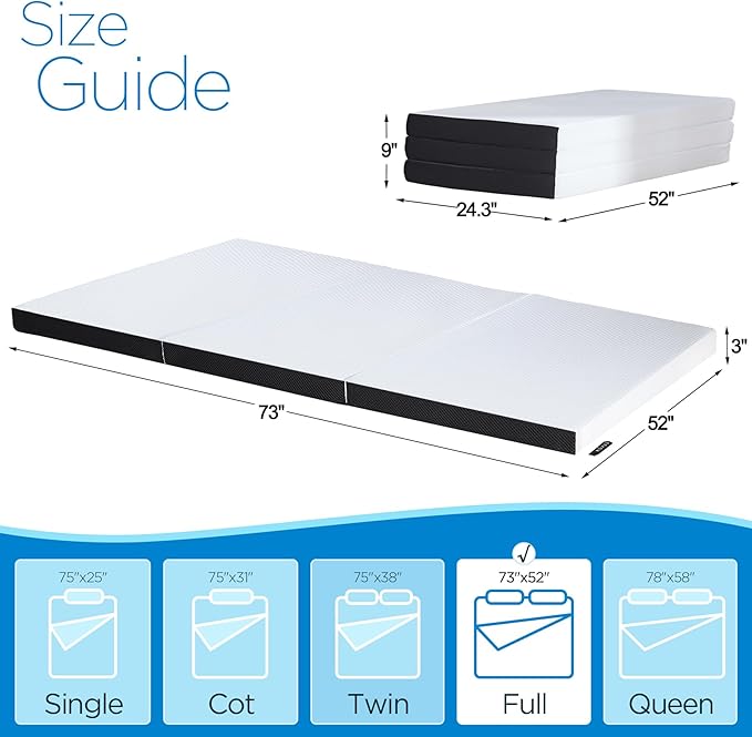 Roxzo Mattresses Toppers 3 Inches, Tri Fold Memory Foam Mattress,Ventilated Design,Removable and Washable Cover,No-Slip Design,Easy Storage,Suitable for Camping,Guest,Floor RV,Full Size 73"x52"x3"