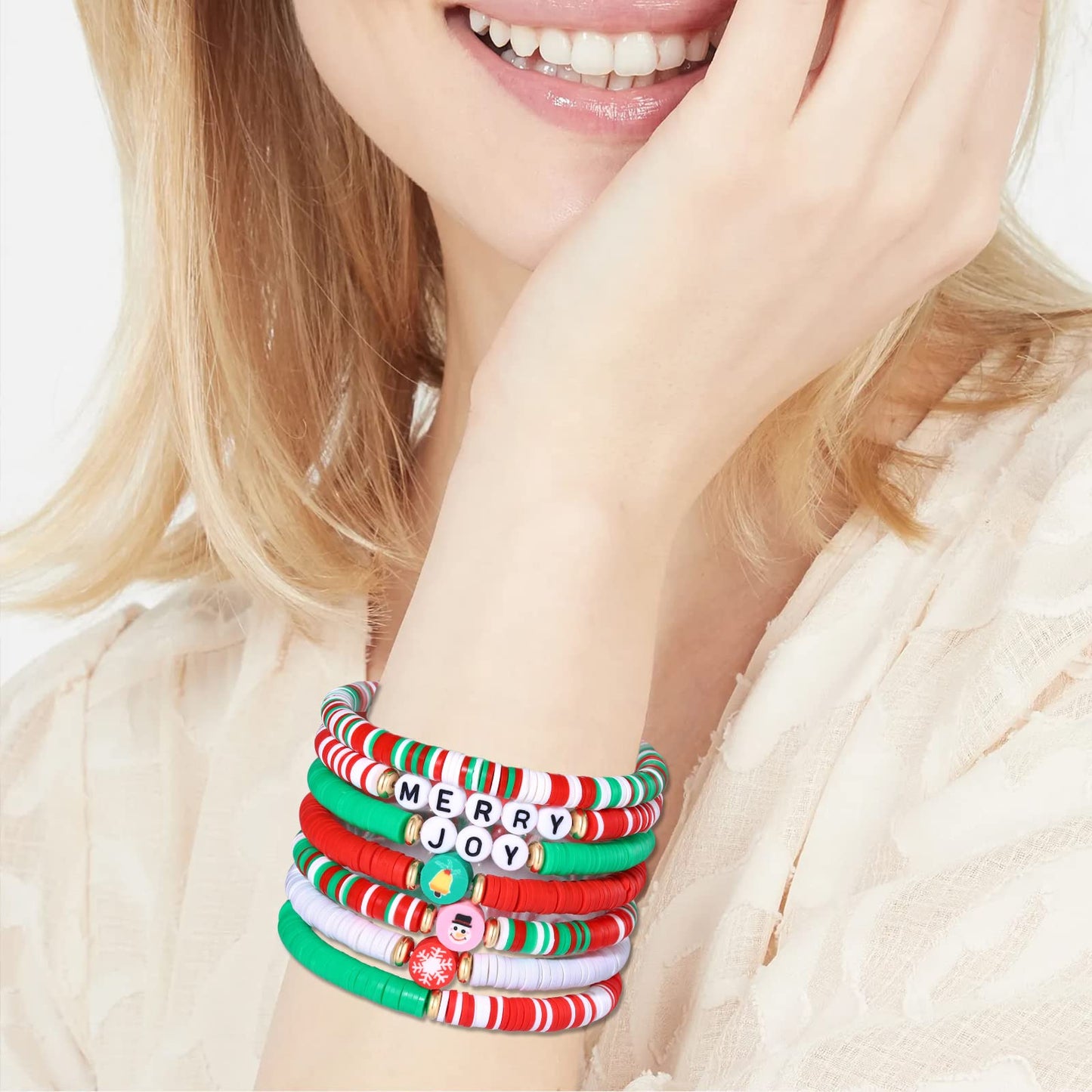FAERLIIRY Christmas Beaded Bracelets Heishi Surfer Bracelets for Women MERRY JOY Xmas Polymer Clay Stretch Bracelets Stackable D