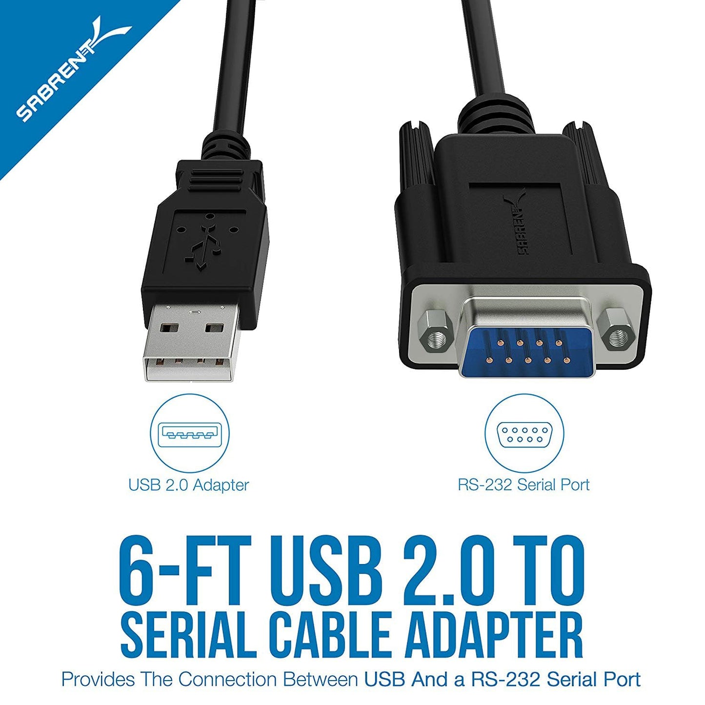 Sabrent Usb 2.0 To Serial (9-Pin) Db-9 Rs-232 Converter Cable, Ftdi Chipset, Hexnuts 6 Feet (Sbt-Ftdi)