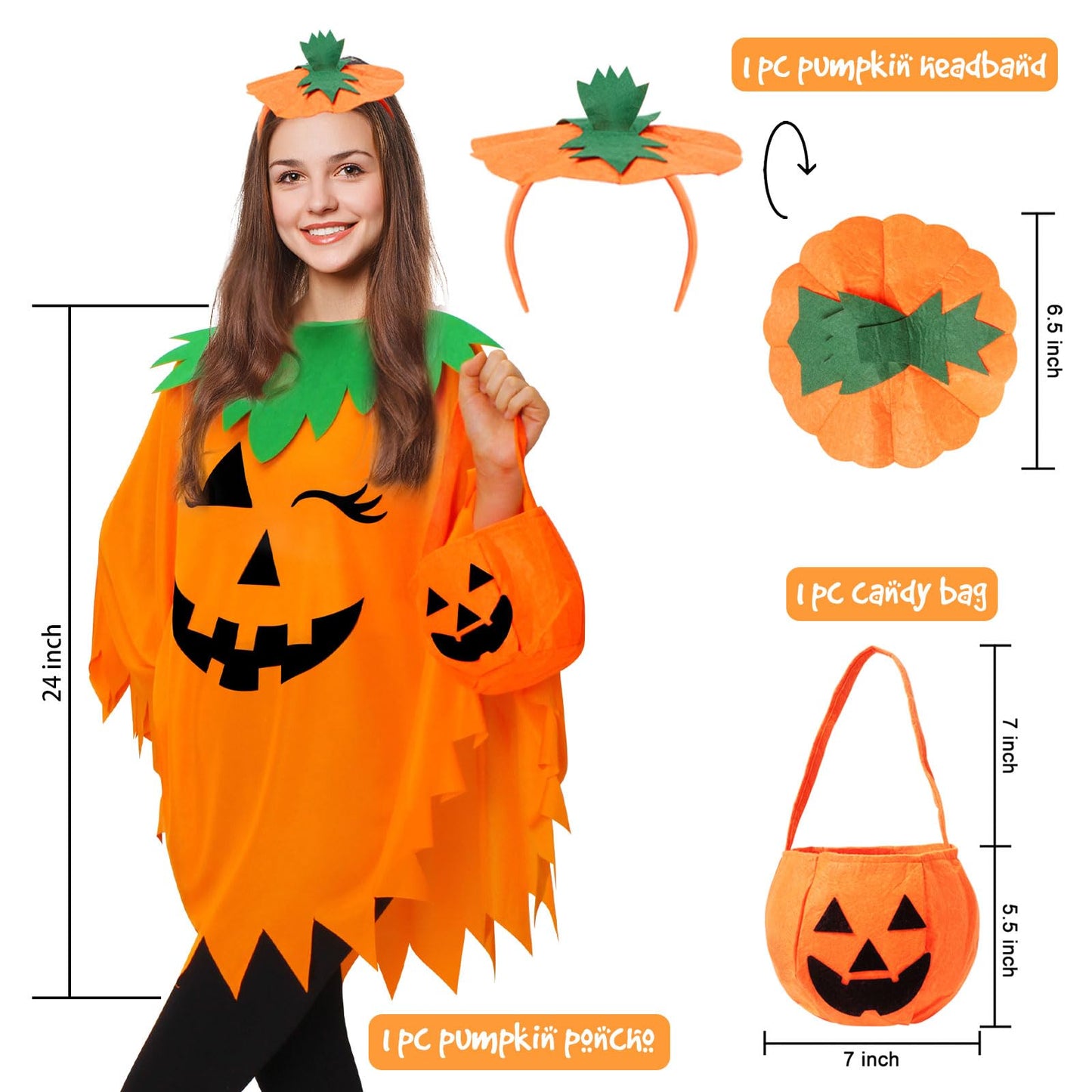 Snwquik 3 PCS Pumpkin Costume for Women, Adults Halloween Costume for Women,Pumpkin Poncho with Headband&Bag