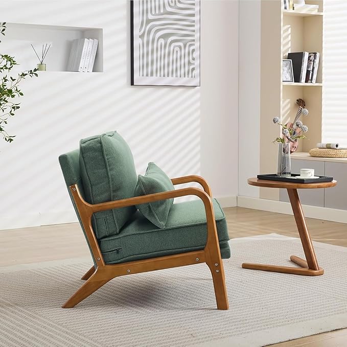 SEYNAR Mid-Century Accent Chair, Linen Fabric Lounge Chair with Wide Armrest,13-16.5'' Low Seat Height Armchair with Lumbar Pillow & Solid Wood Frame for Living Room, Bedroom, Balcony(Green)