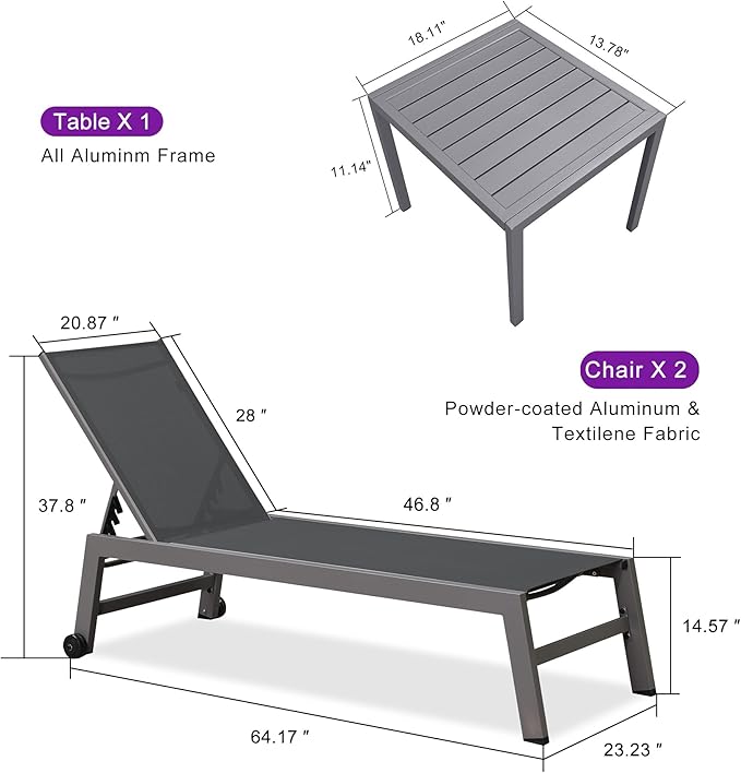 PURPLE LEAF Outdoor Lounge Chair Set for 2 Aluminum Patio Chaise Lounger with Easy-to-Move Wheels and Adjustable Backrest Pool Reclining Lounge Chairs for Beach Yard Poolside Table Included, Grey
