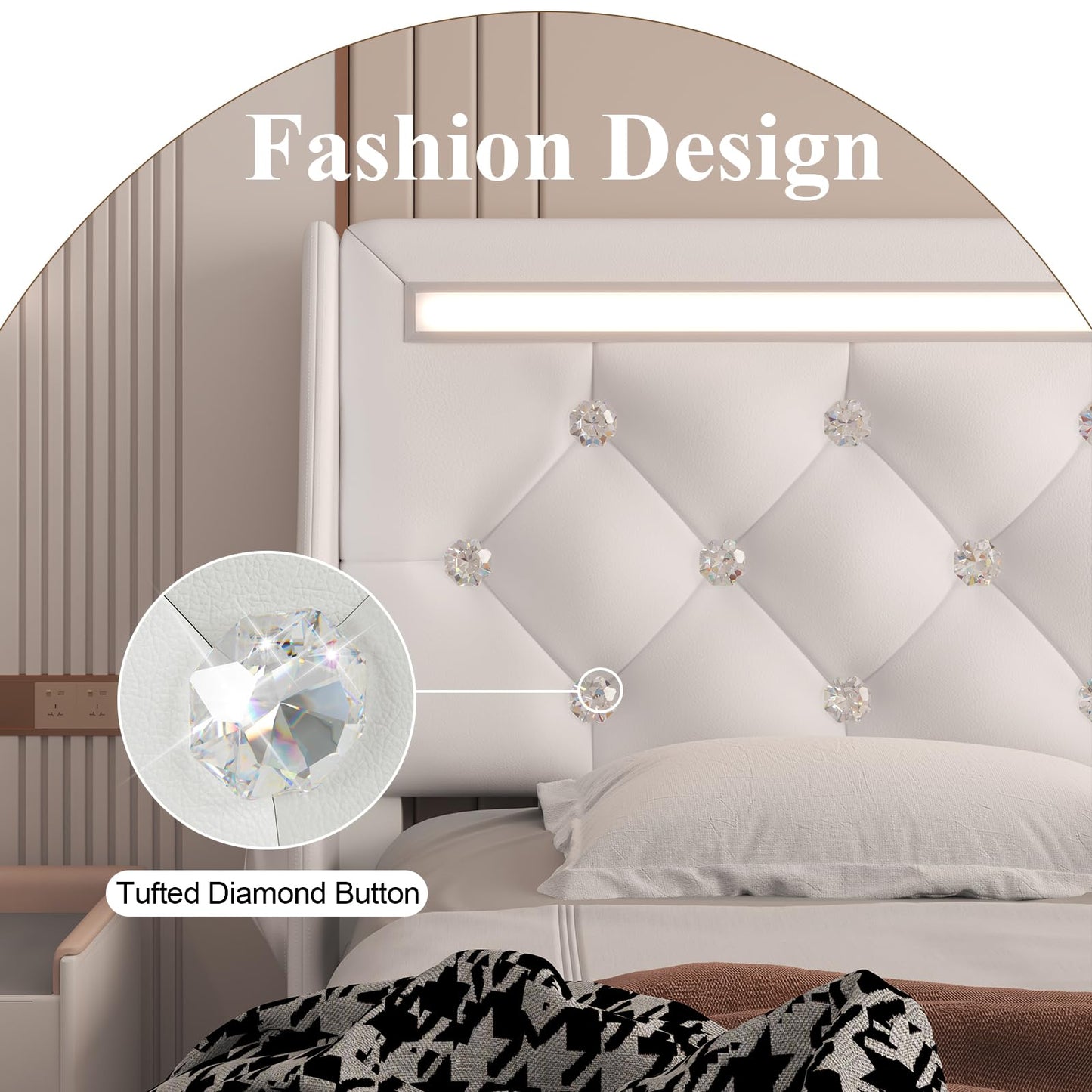 E-Motie Queen Bed Frame with LED Lights and Charging Station, Wingback Upholstered Diamond Tufted Storage Headboard, Noise-Free, Solid Wood Slats,No Box Spring Needed, Easy Assembly, White
