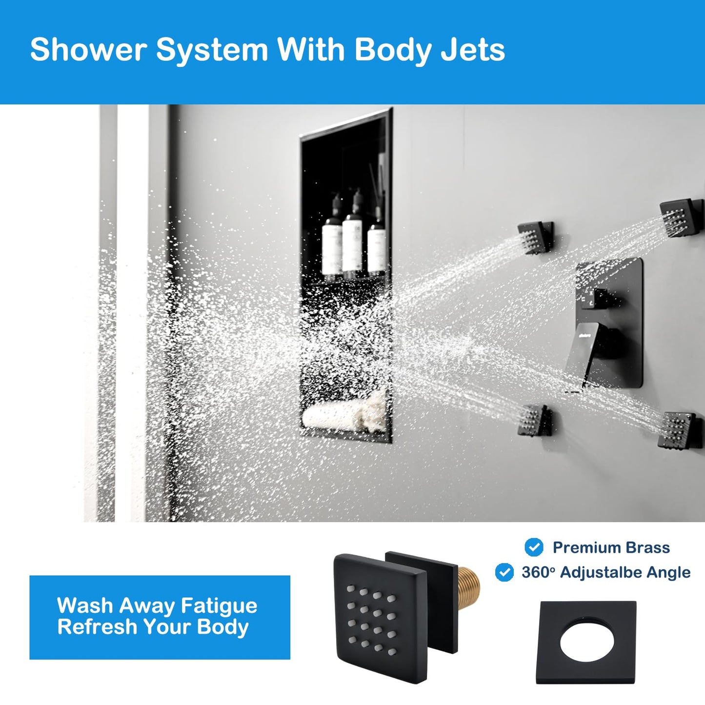 DINIERA 12" Rain Shower System with 4 Massage Body Jets,Shower Faucet Set Luxury Shower Head System with 3-in-1 Handheld,Wall Mounted Shower System Set with Valve and Trim Kit,Matte Black
