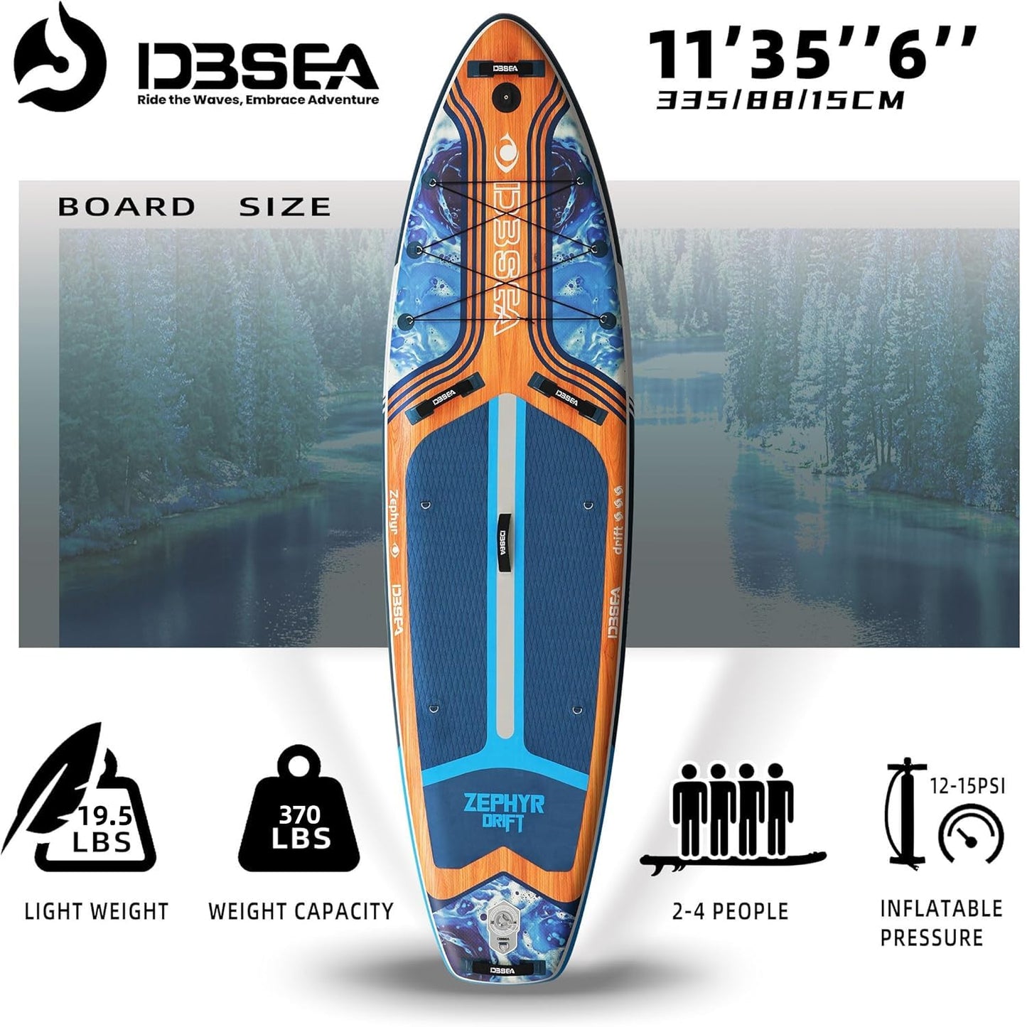 D3SEA 11'35" Extra Wide Inflatable Paddle Board with Non-Slip EVA Deck & Accessories Kit, Stable All Around SUP for All Skill Levels – for Yoga, Fishing, Youth & Adults, 370 lbs - Ocean Timber