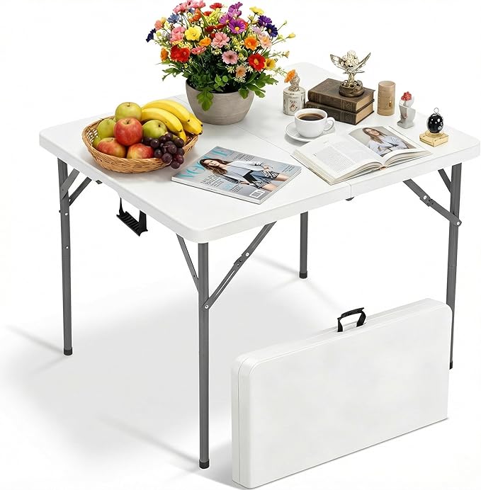 Bigacc 34" Folding Card Table, Heavy Duty Plastic Square Table - Portable & Handle & Lock ，for Camping, BBQ, Party