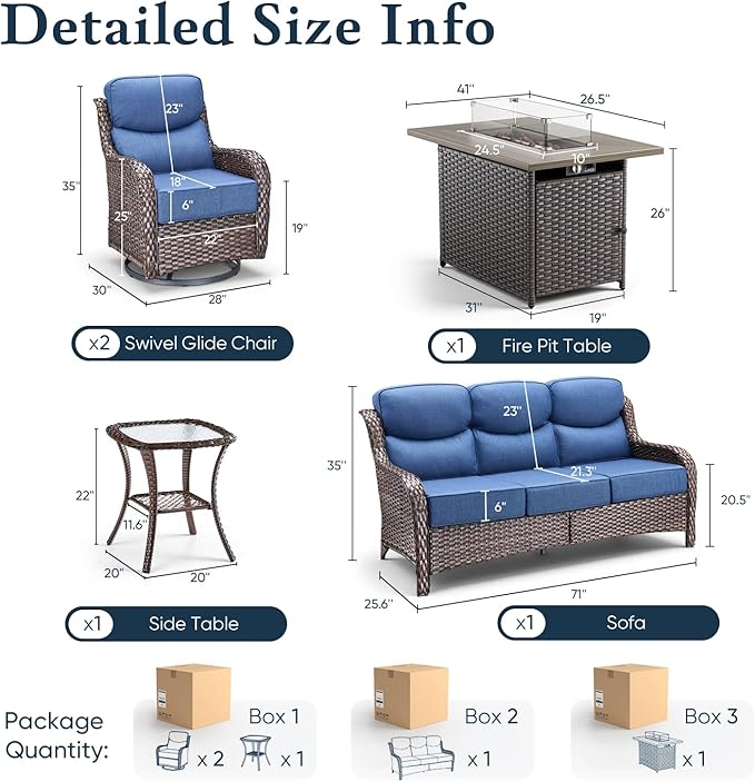 Belord Luxury 6" Thick Cushioned 5 Pieces Patio Furniture Set with Fire Pit Table, Wicker Outdoor Conversation Set with High Back Swivel Rocker Chairs for Deck Porch Yard and Poolside - Brown+Blue