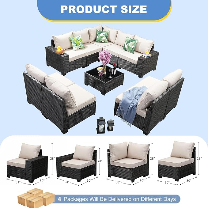 SunloungeCo Patio Furniture Set, 10 Pieces Outdoor Couch Sofa with Wider Armrests & Glass Coffee Table, Outdoor Sectional Furniture with Thick Cushions for Party, Poolside,Garden-Beige