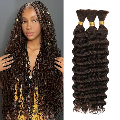 Deep Wave Human Braiding Hair for Boho Braids – 16 Inch 120g 3 Bundles/Pack Chocolate Brown, 100% Unprocessed 12A Brazilian Virgin Hair Bulk, No Weft, Wet & Wavy Curly Knotless Extensions
