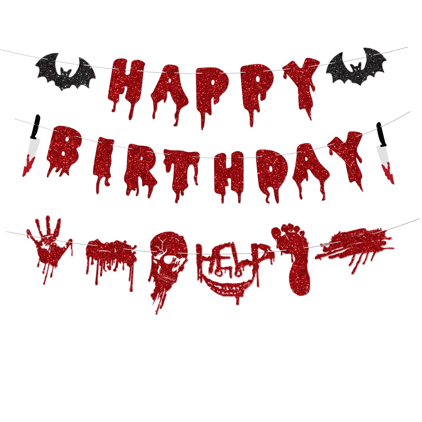 Red Glittery Halloween Birthday Decorations Banner Horror Halloween Bat Happy Birthday Banner for Bat Vampire Halloween Hocus Pocus Birthday Decorations Supplies