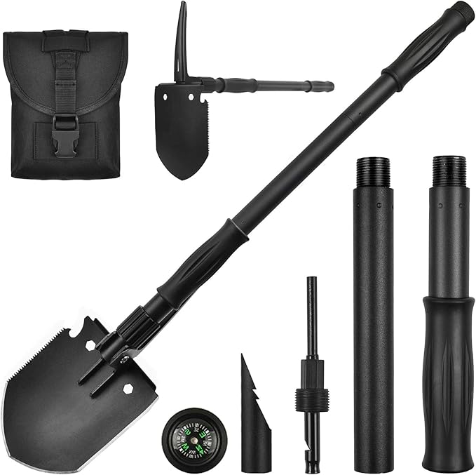 Survival Shovel, (28.3'') Camping Folding Shovel, Military Spade Multitool, Tactical Trench Tool, with Pickaxe, Compass, W...
