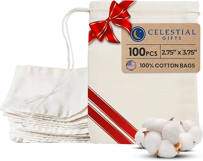 Cotton Muslin Bags 100 Count (2.75 x 3.75 inches) Natural Drawstring, made with 100% cotton in the USA by Celestial Gifts