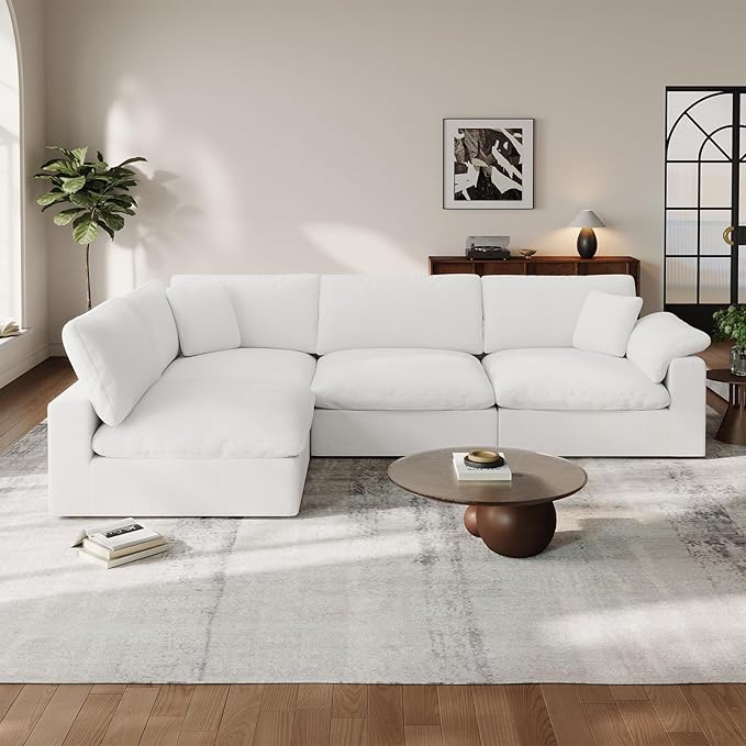 Cloud Modular Couch for Living Room,V Shape Linen Blend Sofas,Modern Deep Seat Cloud Sofas,Convertible Comfort Down Filled Sectional Couches,Removable Washable Cushion Covers,White