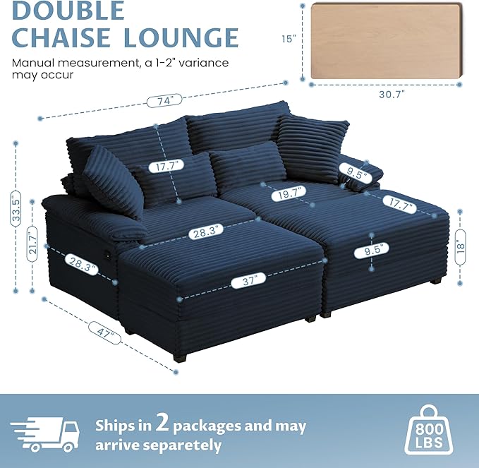 SUNWAVE 74" W Double Chaise Lounge Chair Indoor, Oversized Loveseat with Storage Ottoman, Corduroy Couch with USB Charging, Removable Ottoman, and Coffee Table Cushions for Living Room, Apartment