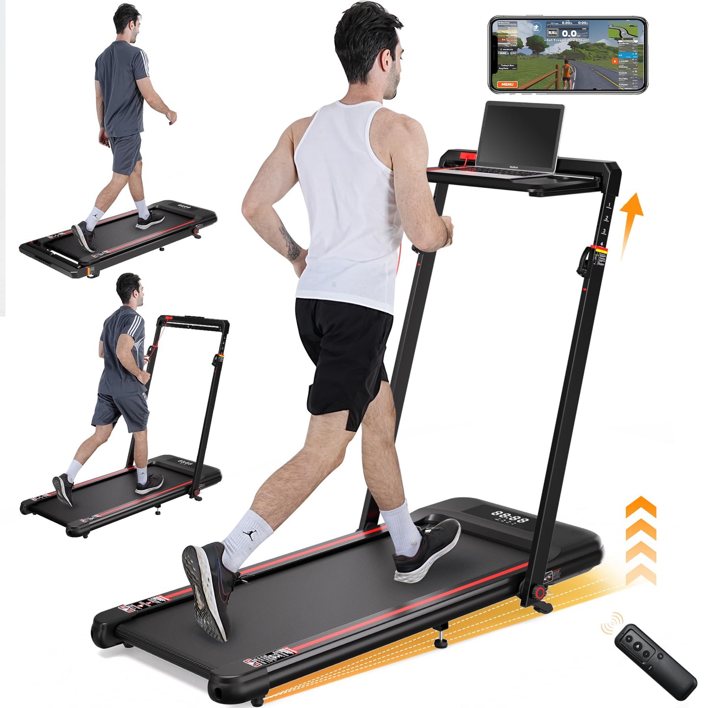 HiFast Walking Pad Treadmill, 3.0HP Under Desk Treadmills with 8% Incline, Adjustable Height Foldable Treadmill for Home Office, 300lbs Capacity with Removable Desk Workstation, Remote Control, APP