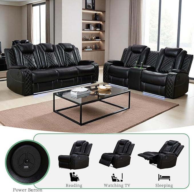 Dekmxas Breathing Leather Power Reclining Sofa Set, Living Room Furniture Sets, Power Recliner Sofa Couch Loveseat with 3 Recliner Seats/LED Light/Cup Holders/Drop-Down Table for Living Room/Office