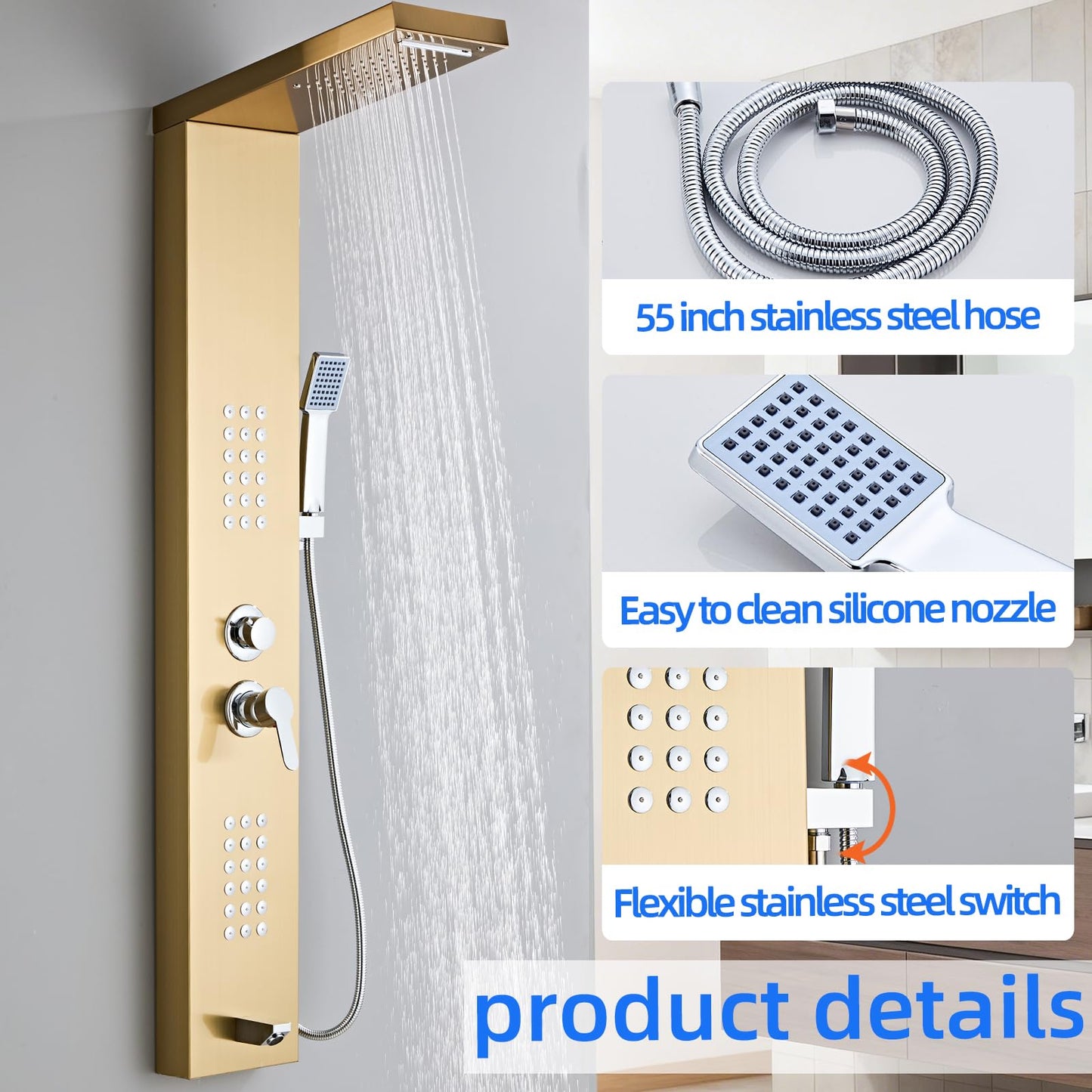HSYLYPA Shower Panel Tower System 5-in-1 Shower Panel Tower with Powerful Body Massage, Rainfall, Waterfall,Handheld and Tub Spout, Stainless Steel Shower Column - Brushed Gold