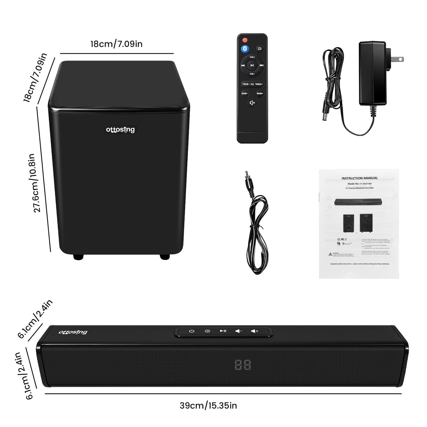 ottosing Bluetooth Soundbar with Wireless Subwoofer,Sound bar with Optical/ARC/AUX and Bluetooth 5.0 Inputs, 2.1 ch Surround Sound System for TV PC Game Music/Movie/News