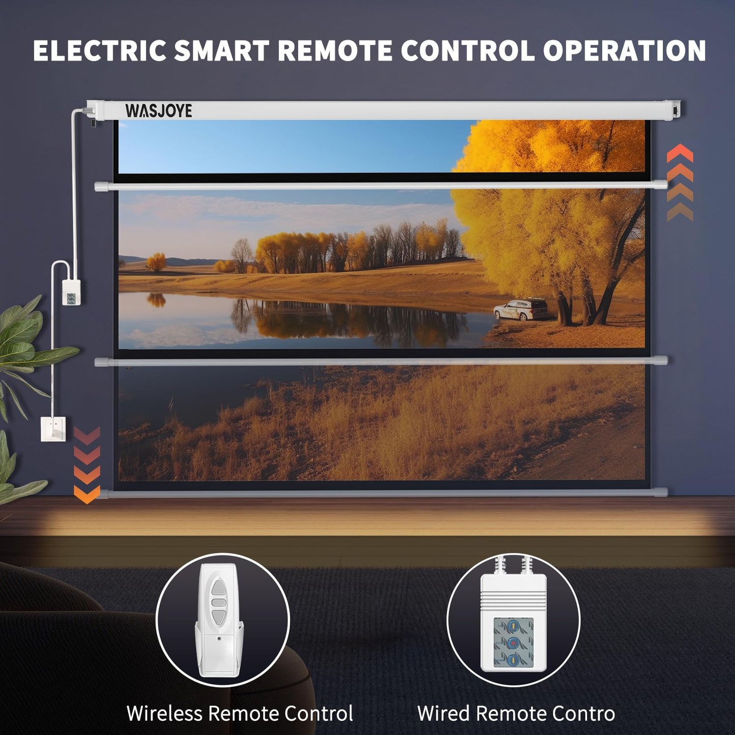 WASJOYE 100 Inch Motorized Projector Screen with Remote Control - 4:3 Electric Drop Down Projector Screen for Wall or Ceiling Mount, 8K HD & Dual Power Supply for Home Theater, Office, Gaming, School