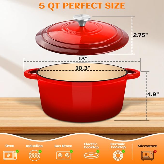 Enameled Cast Iron Dutch Oven Pot with Lid, Incl. Sourdough Bread Baking Supplies Like Banneton Bread Proofing Basket, Starter Jar, Bread Lame, 5QT Dutch Oven for Bread Baking, Oven Safe up to 500°F