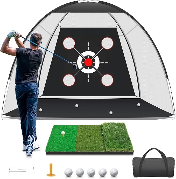 KLAODOT Golf Net with Practice Mat,Golf Hitting Aid Nets 10x7FT for Backyard Driving Chipping Training Swing with Target M...