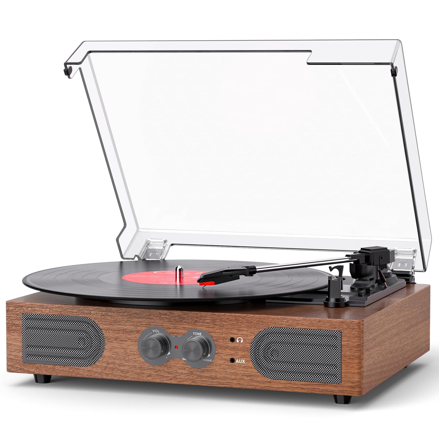 Vinyl Record Player with Built-in Stereo Speakers, 3-Speed Belt-Drive Turntable, Treble & Bass Control, RCA-Out/AUX-in, 3.5mm He