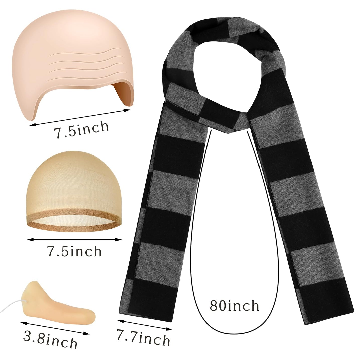 MEEZY 4 Pcs Cosplay Costume Accessories Adults Black Gray Striped Scarf with Nose Bald Cap for Men Halloween Cosplay Party Dress Up
