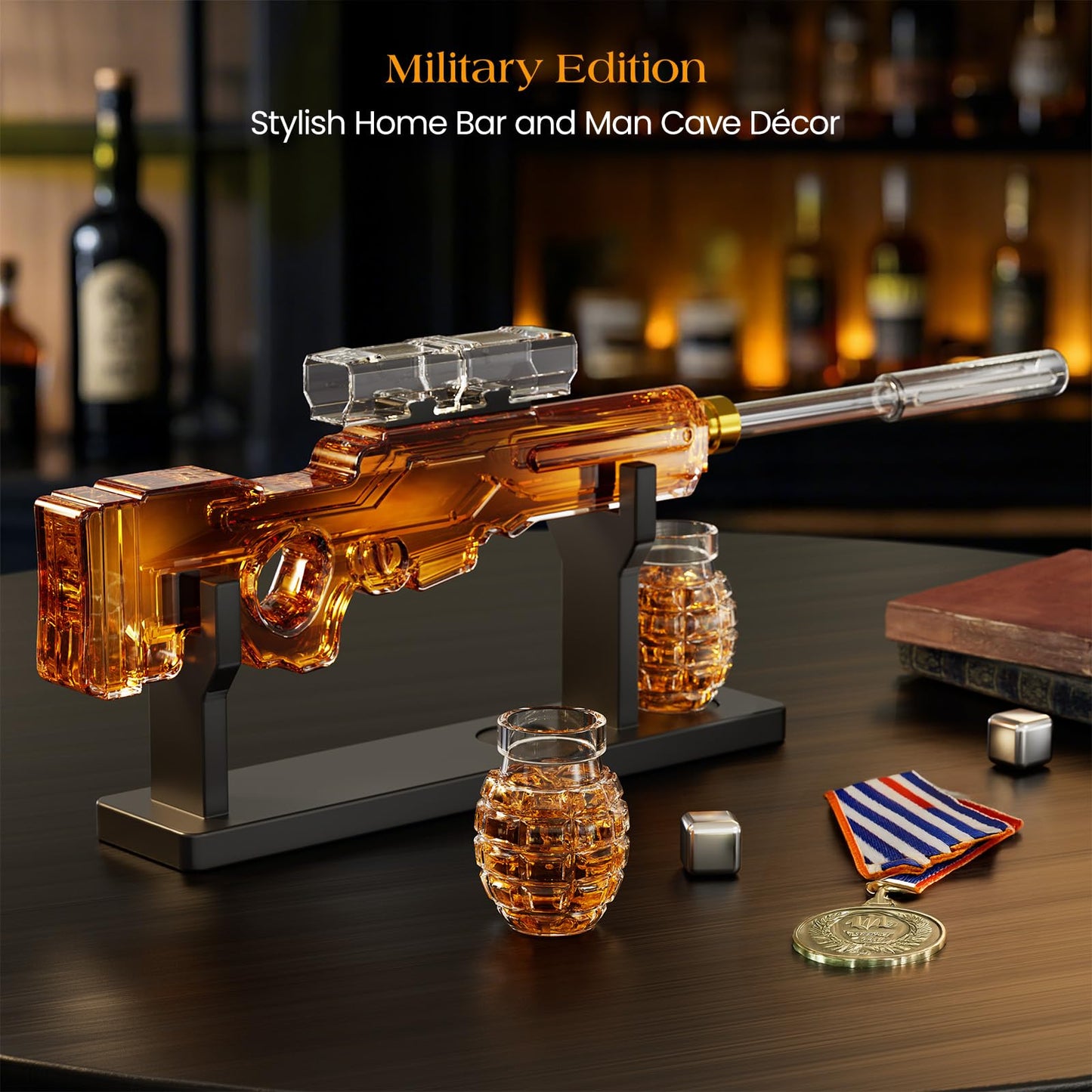 Birthday Gifts for Men Dad, Kollea Gun Whiskey Decanter Sets for Men with 2 Granade Glasses & Detachable Scope, Liquor Dispenser for Home Bar, Military Present for Father, Brother, Him, Anniversary