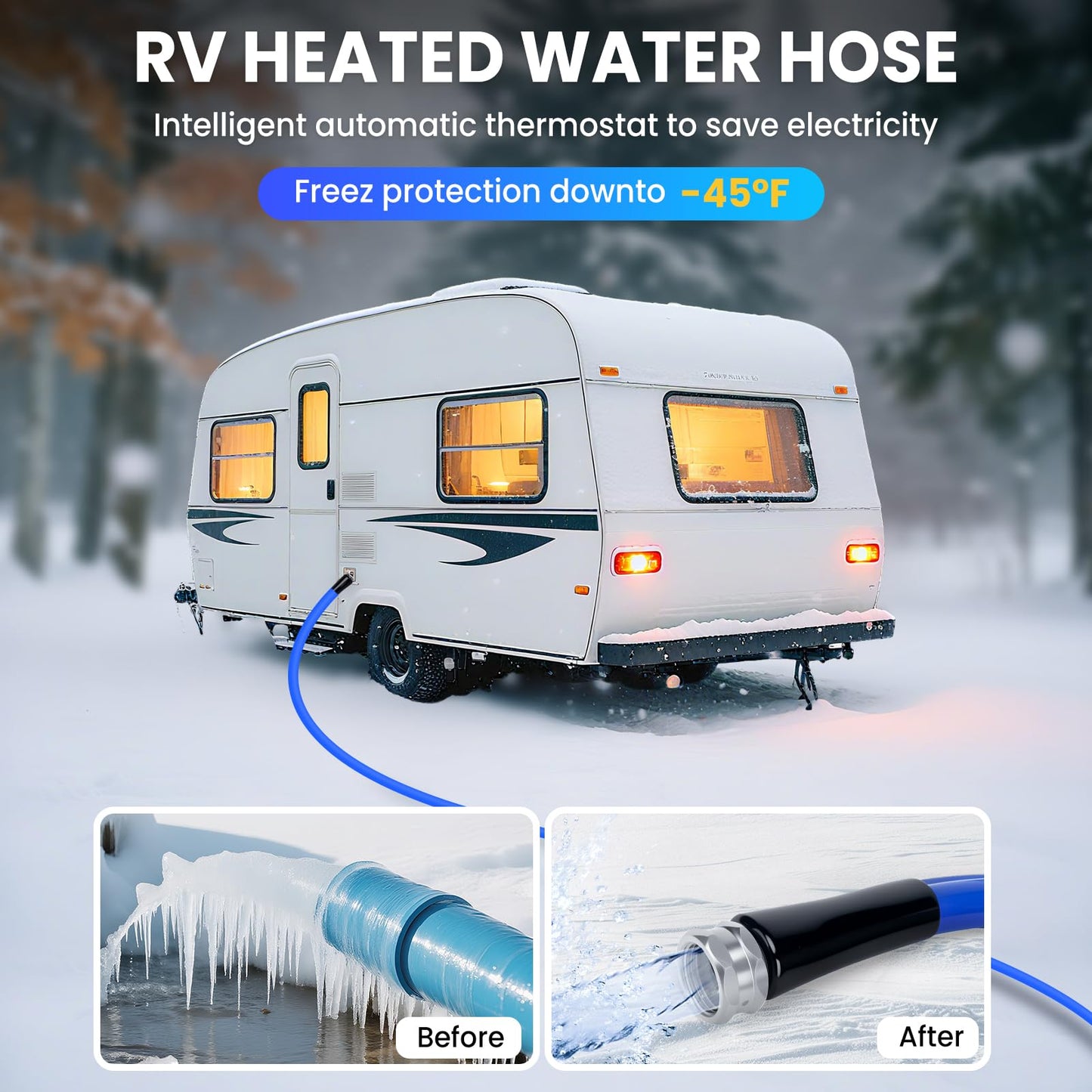 RVSNAIL 90FT Heated Water Hose, Freeze Protection to -45°F, Smart Thermostat Control, Lead/BPA-Free Drinking Water Safe Hose for RV, Camping & Home Use
