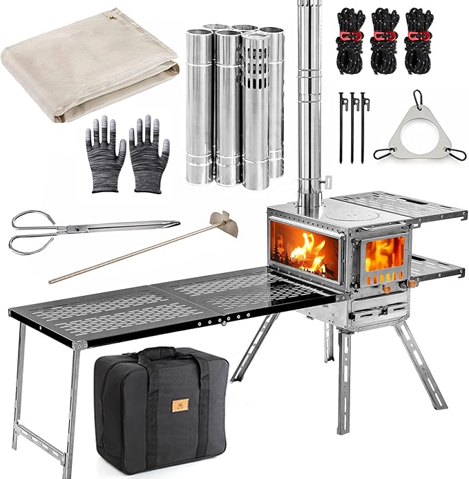 Wood Burning Stove Hot Tent Stove, Stainless Steel Portable Camping Stove with Oven & Camping Table and 6 Chimney Pipe for...