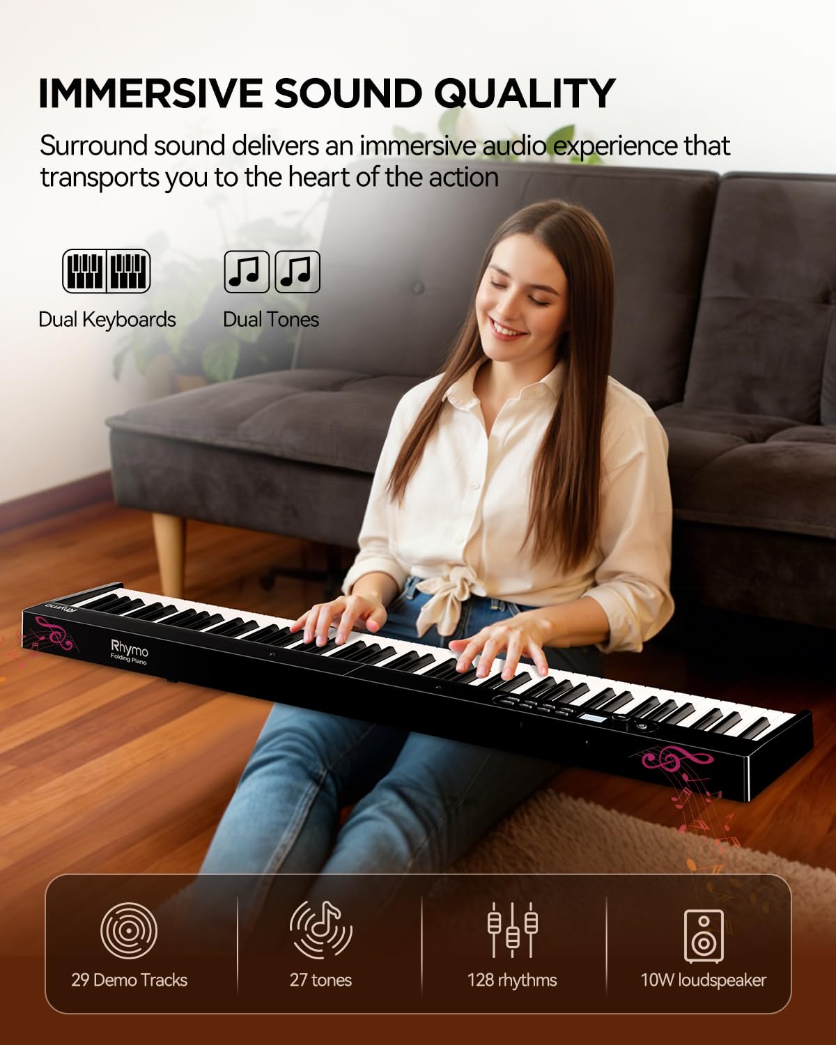 Rhymo 88 Key Portable Piano Keyboard, Semi-Weighted Folding Piano Full Size, Ultra Sound Upgrand Imitation Wood Texture Keyboard w/MIDI Bluetooth LCD Display Screen, Sustain Pedal for Beginners Adult